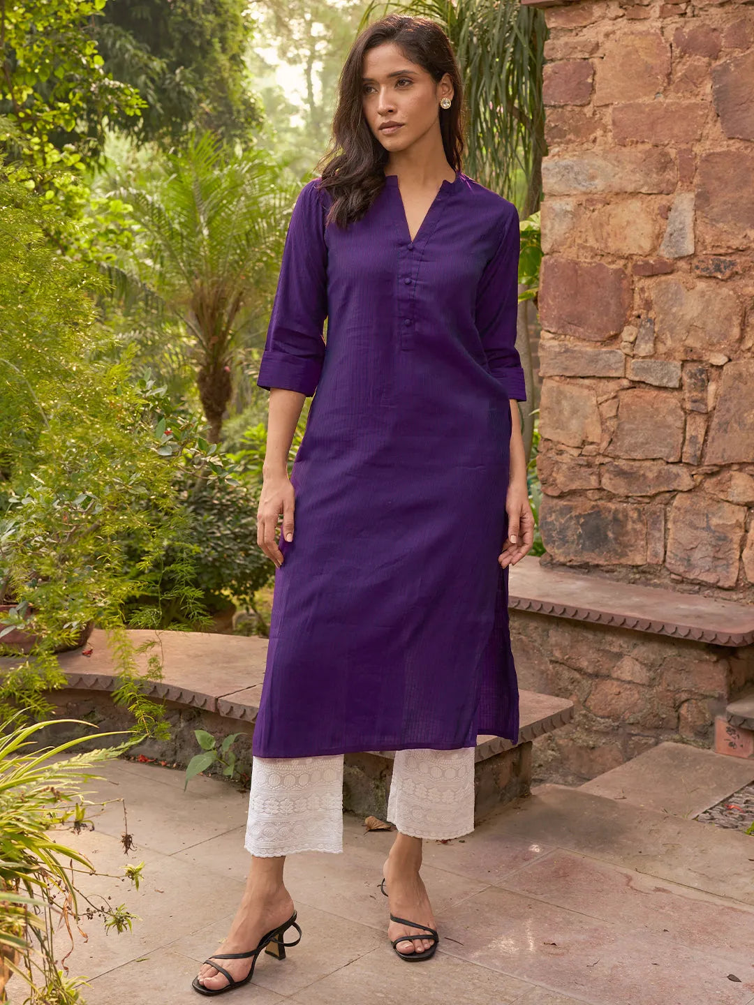 Purple Woven Design Silk Straight Kurta