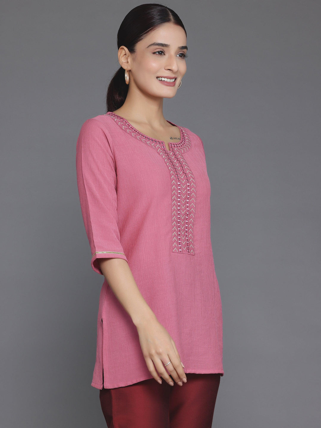 Pink Woven Design Cotton Blend Straight Kurti - Libas