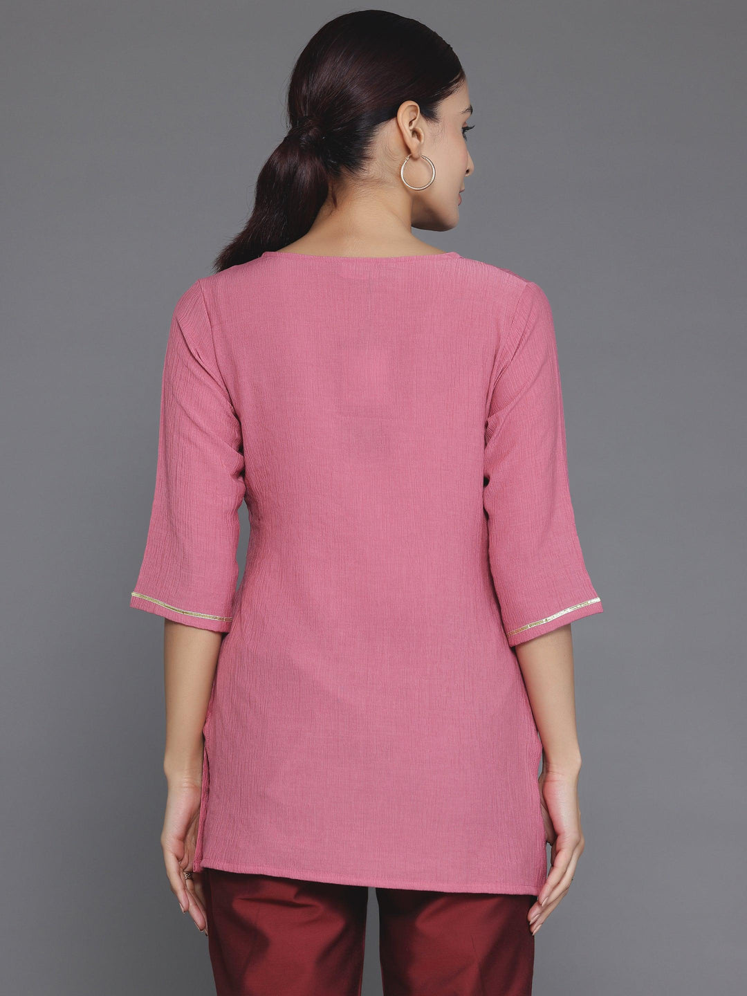 Pink Woven Design Cotton Blend Straight Kurti - Libas