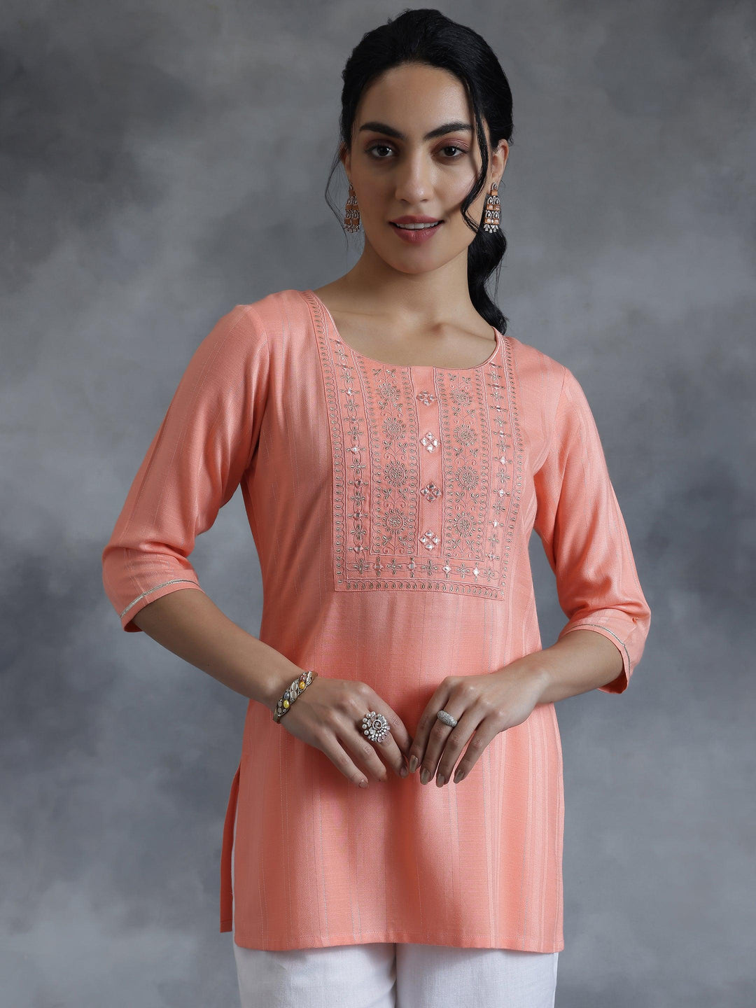 Peach Woven Design Rayon Straight Kurti - Libas