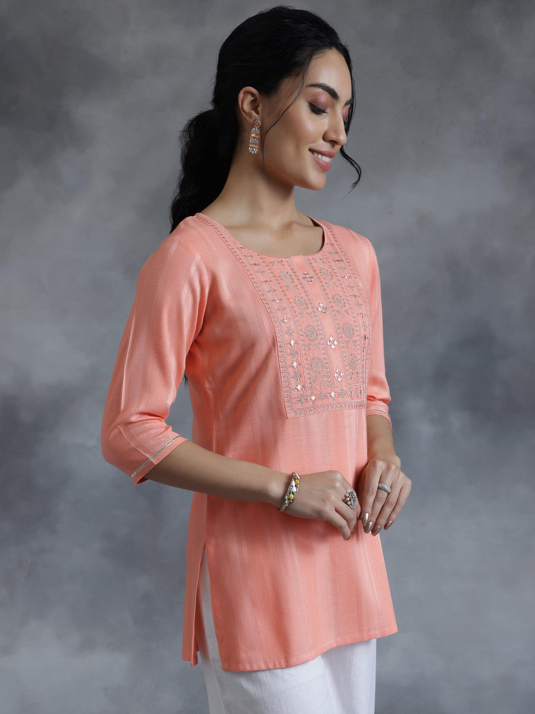 Peach Woven Design Rayon Straight Kurti - Libas