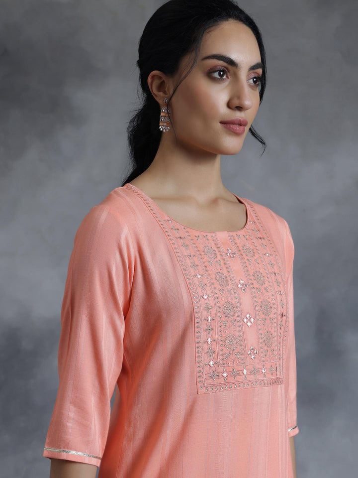 Peach Woven Design Rayon Straight Kurti - Libas