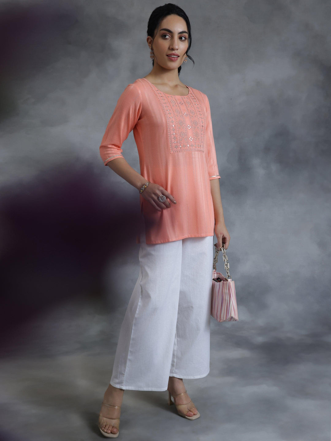 Peach Woven Design Rayon Straight Kurti - Libas