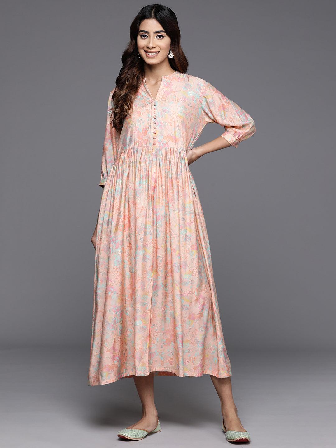 Peach Printed Silk Fit and Flare Dress - Libas 