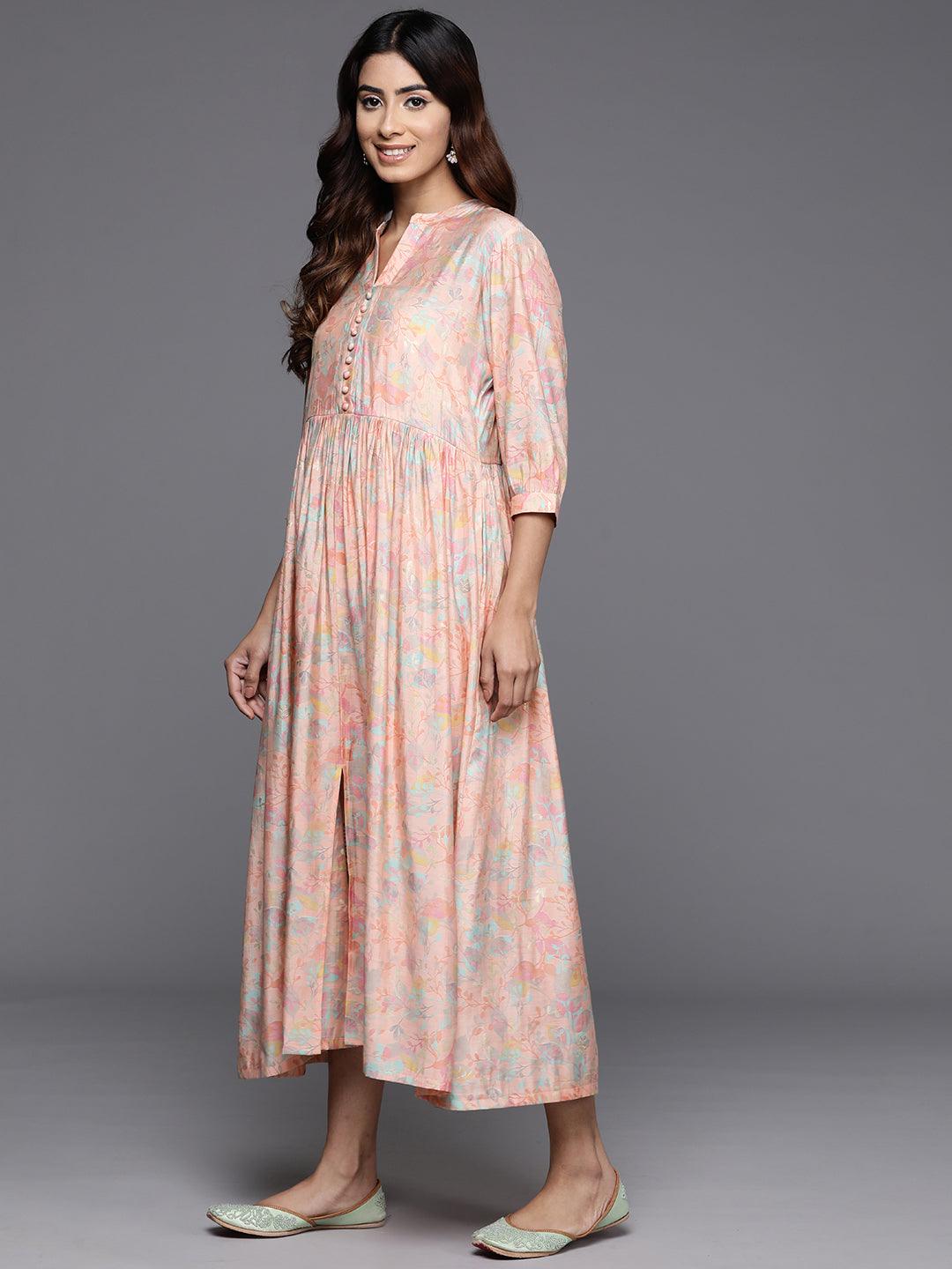 Peach Printed Silk Fit and Flare Dress - Libas 