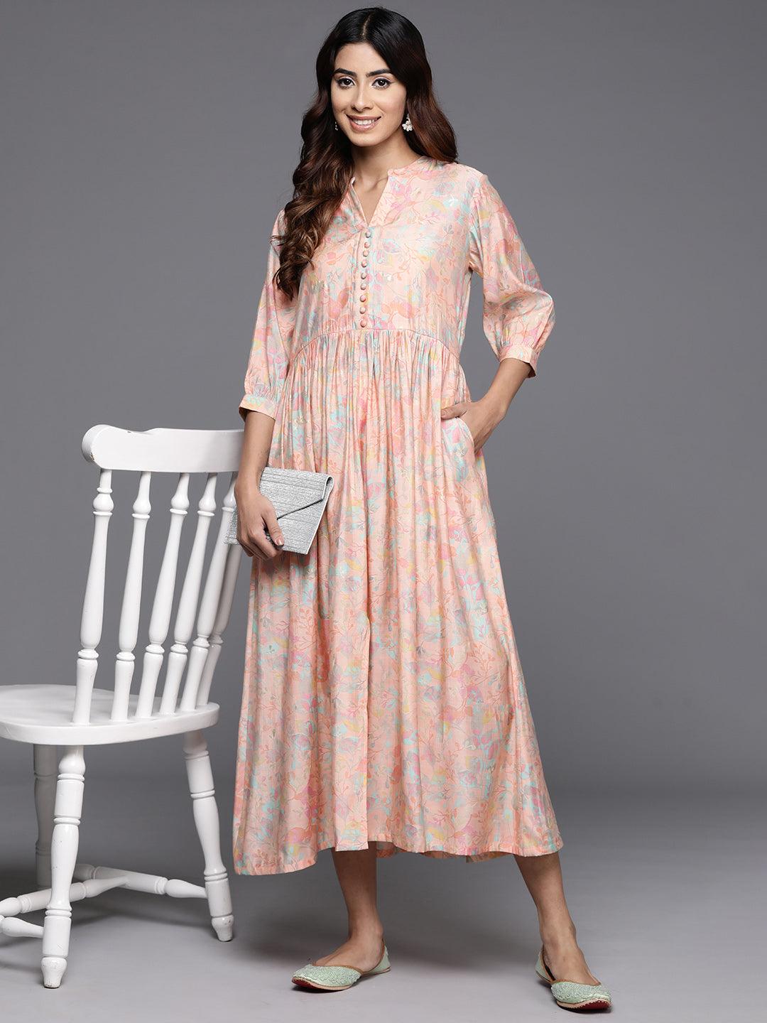 Peach Printed Silk Fit and Flare Dress - Libas 