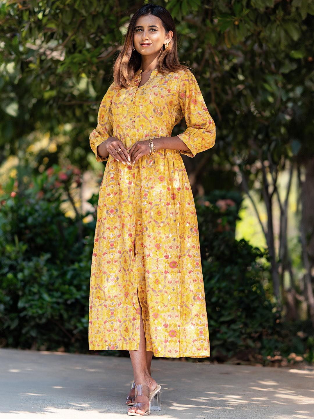 Yellow Printed Silk Fit and Flare Dress - Libas