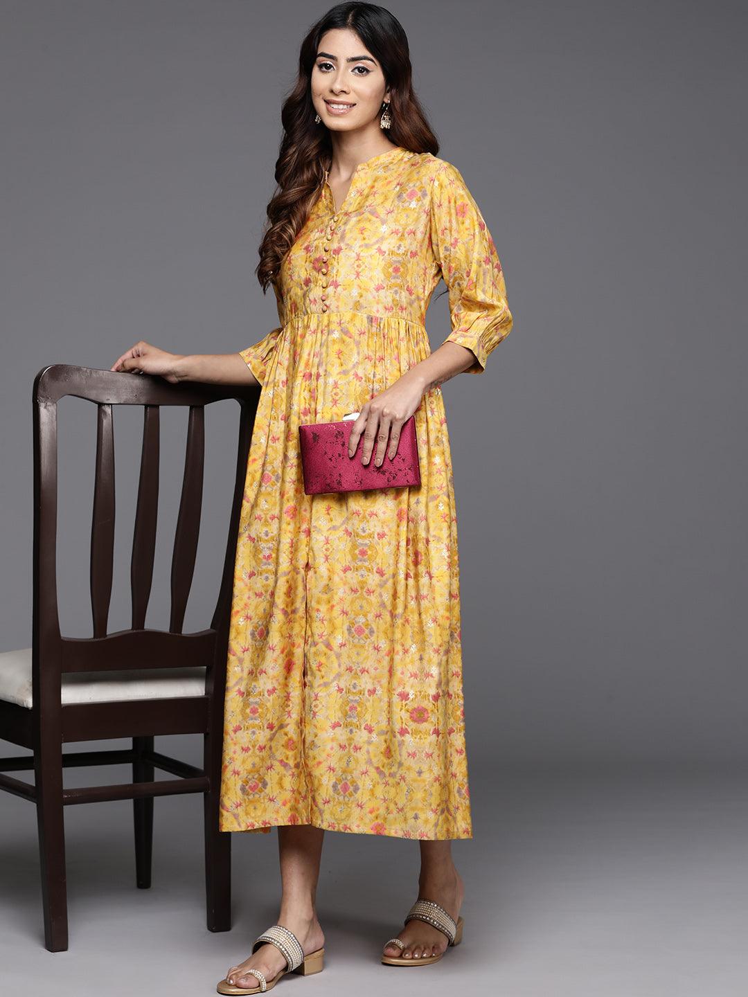 Yellow Printed Silk Fit and Flare Dress - Libas