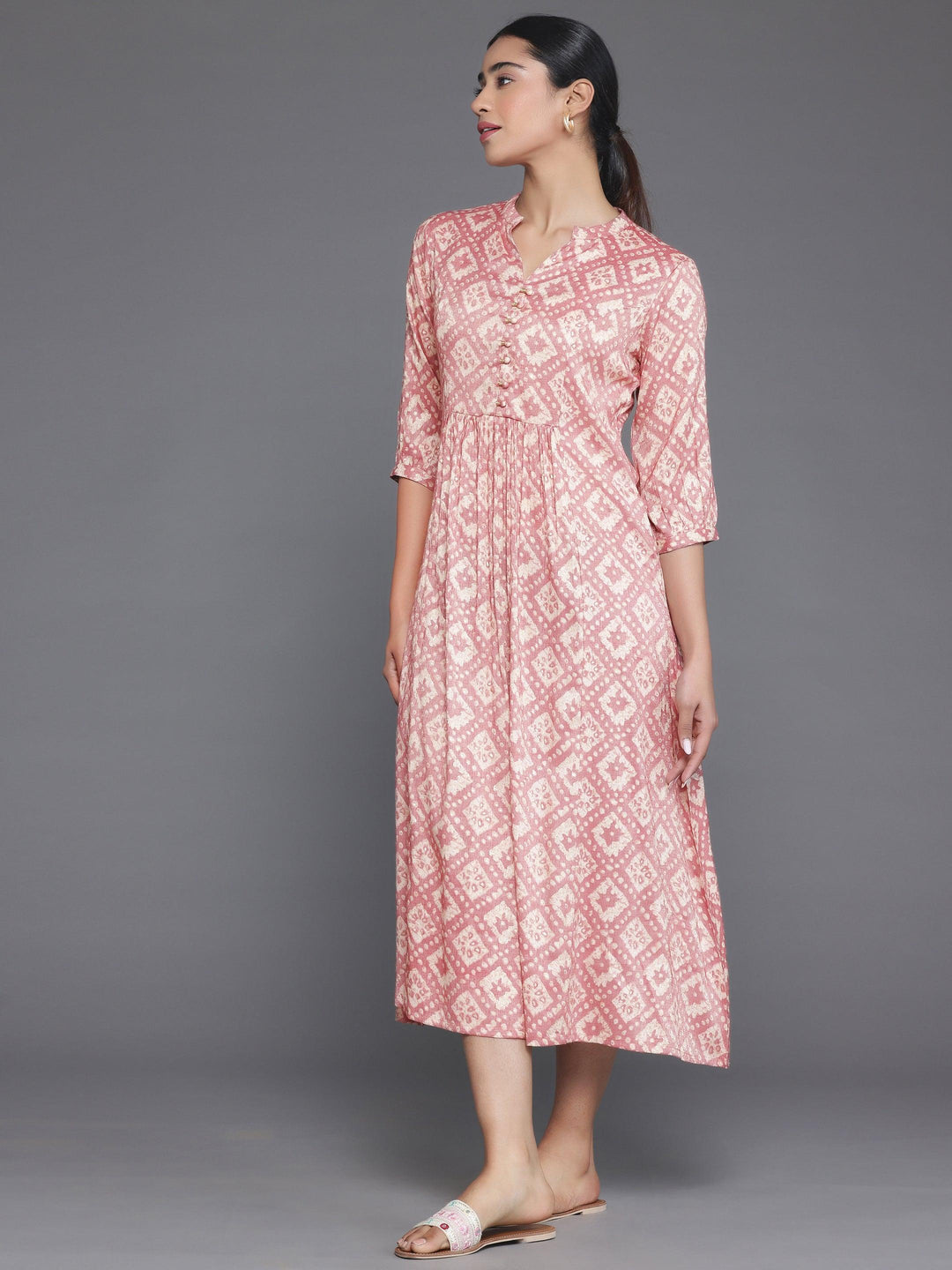 Peach Printed Silk A-Line Dress - Libas 