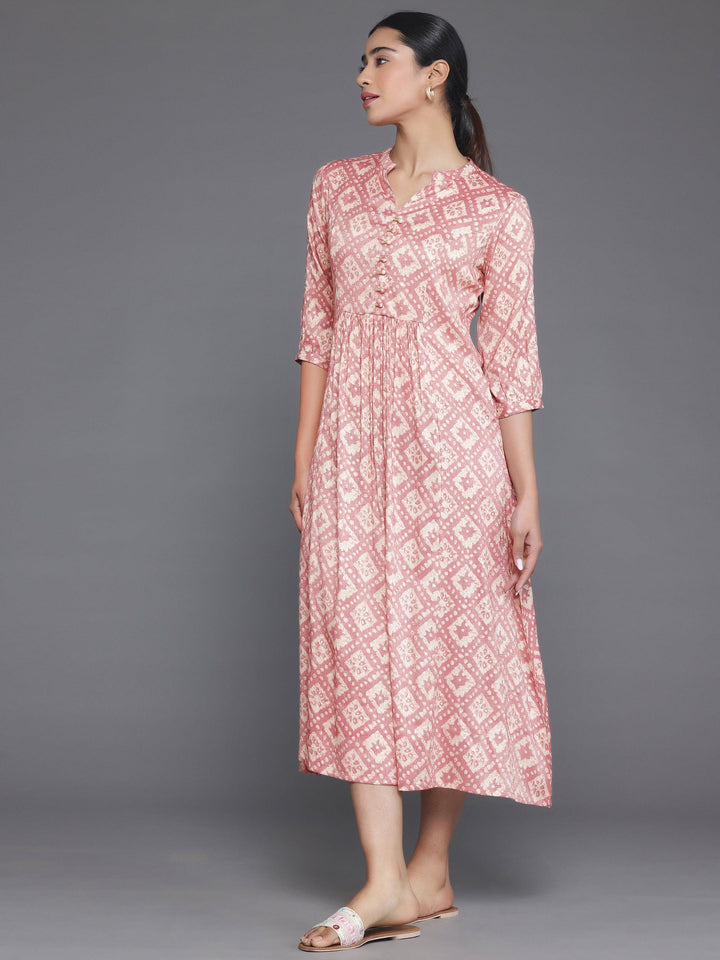 Peach Printed Silk A-Line Dress - Libas