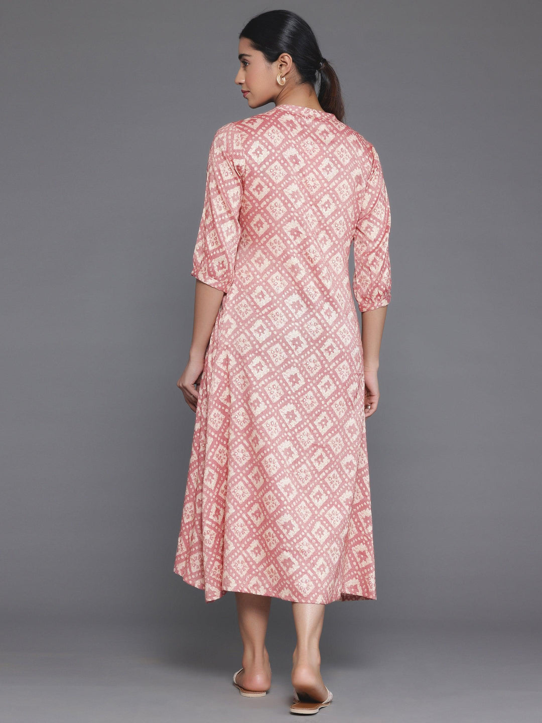 Peach Printed Silk A-Line Dress - Libas 