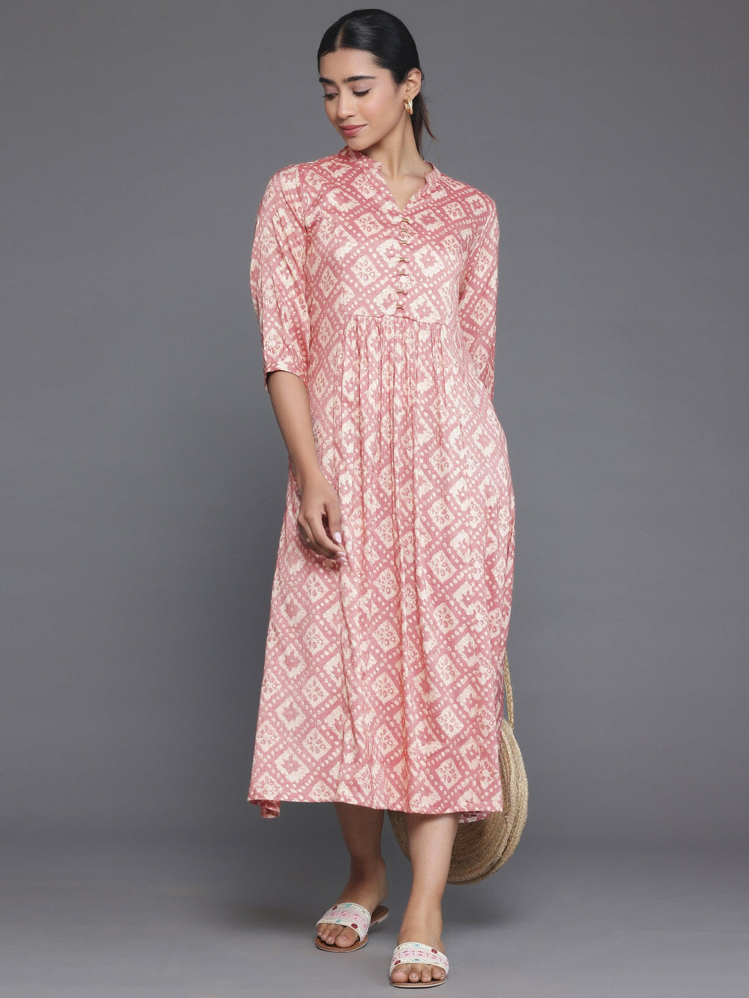 Peach Printed Silk A-Line Dress - Libas 