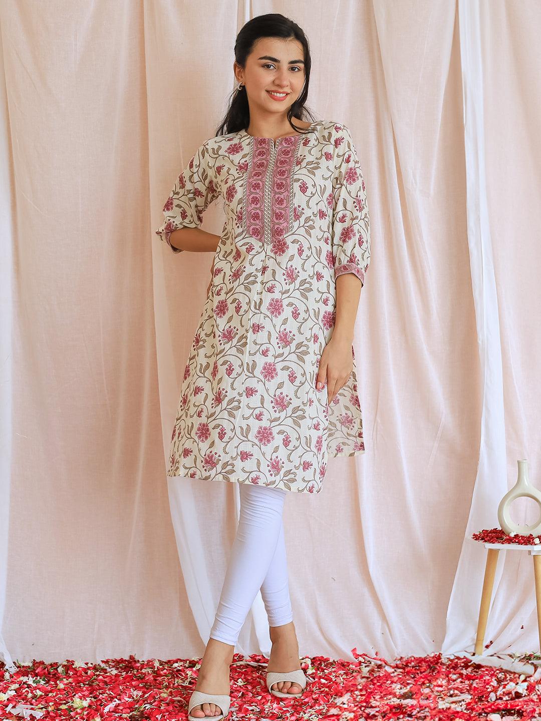 Beige Printed Cotton Straight Kurta - Libas 