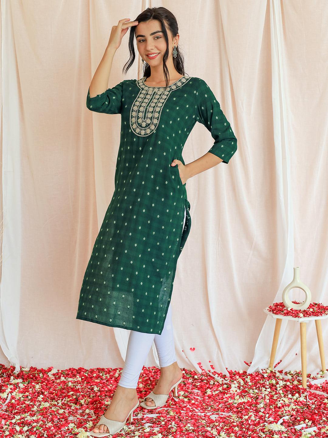 Green Yoke Design Cotton Straight Kurta - Libas 