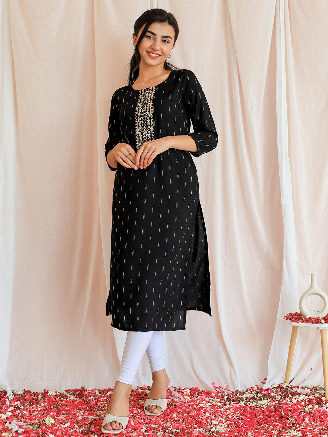 Black Yoke Design Cotton Straight Kurta - Libas 