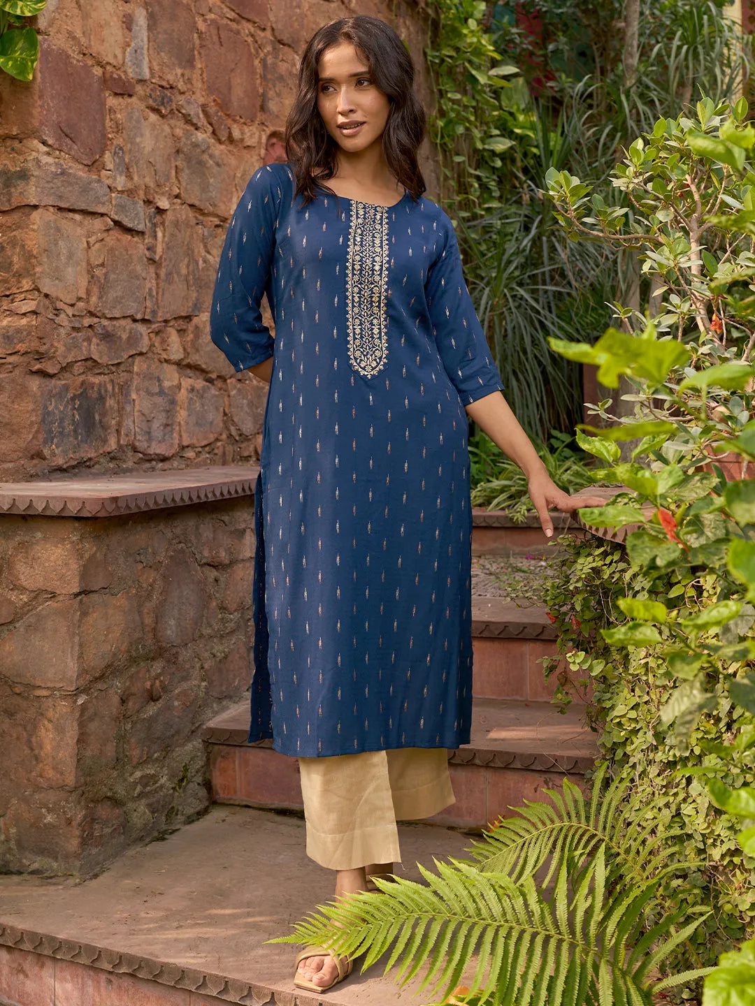 Blue Woven Design Cotton Straight Kurta