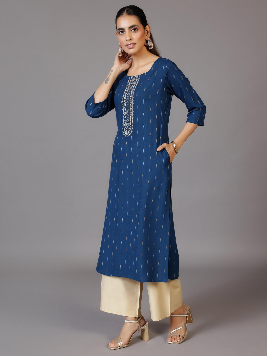 Blue Woven Design Cotton Straight Kurta - Libas 