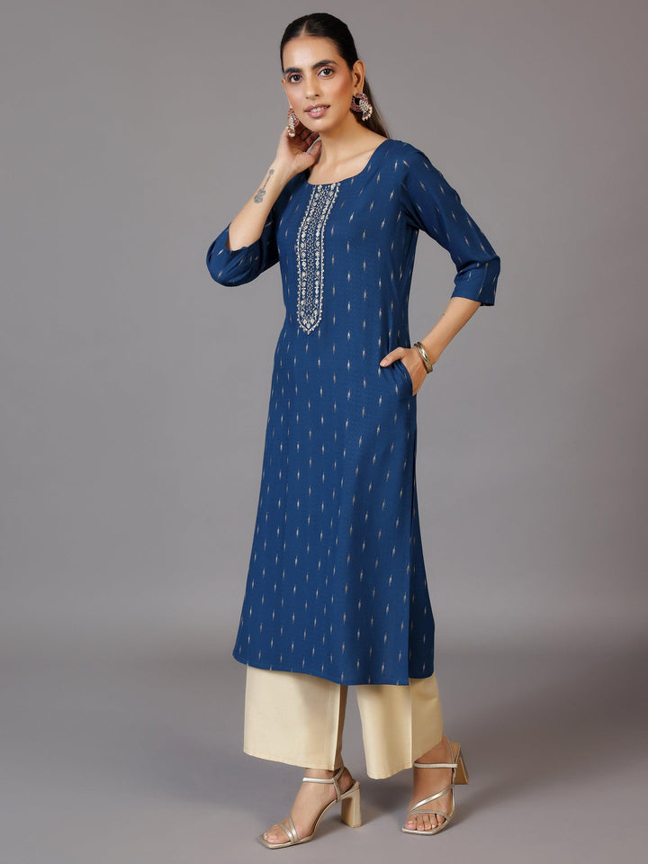 Blue Woven Design Cotton Straight Kurta - Libas