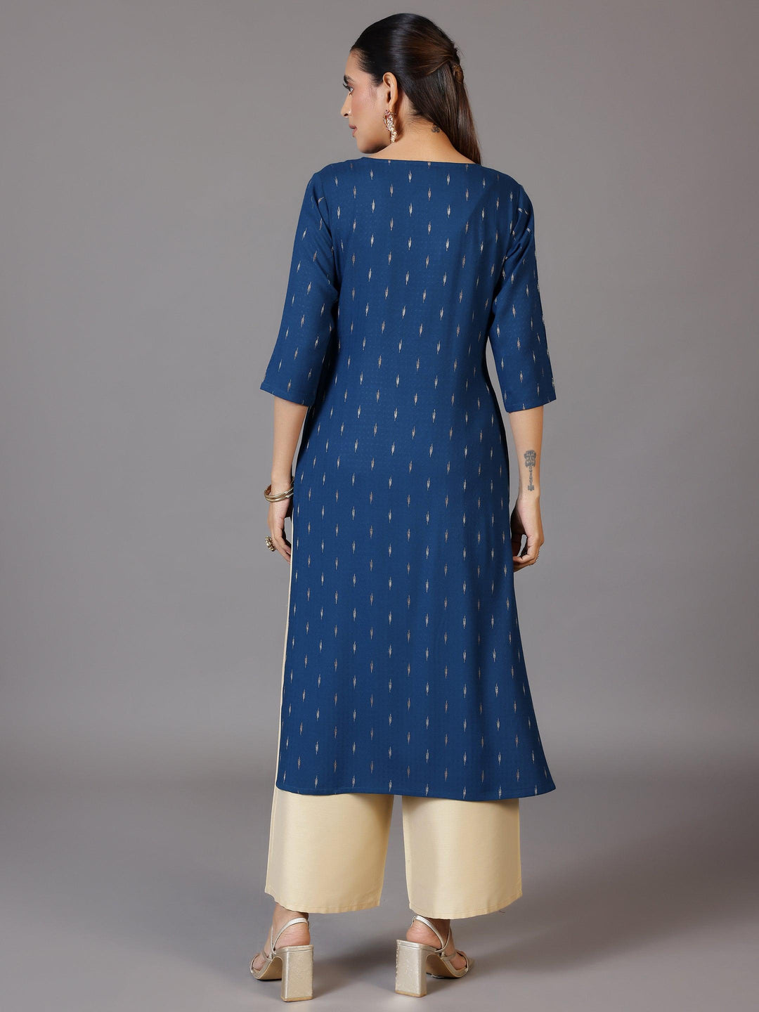 Blue Woven Design Cotton Straight Kurta - Libas 