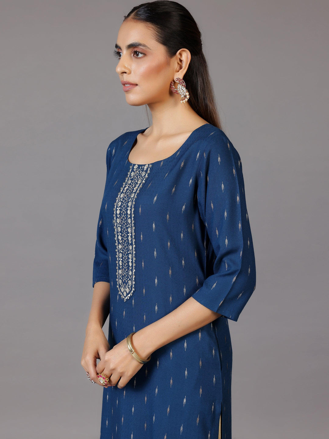 Blue Woven Design Cotton Straight Kurta - Libas 