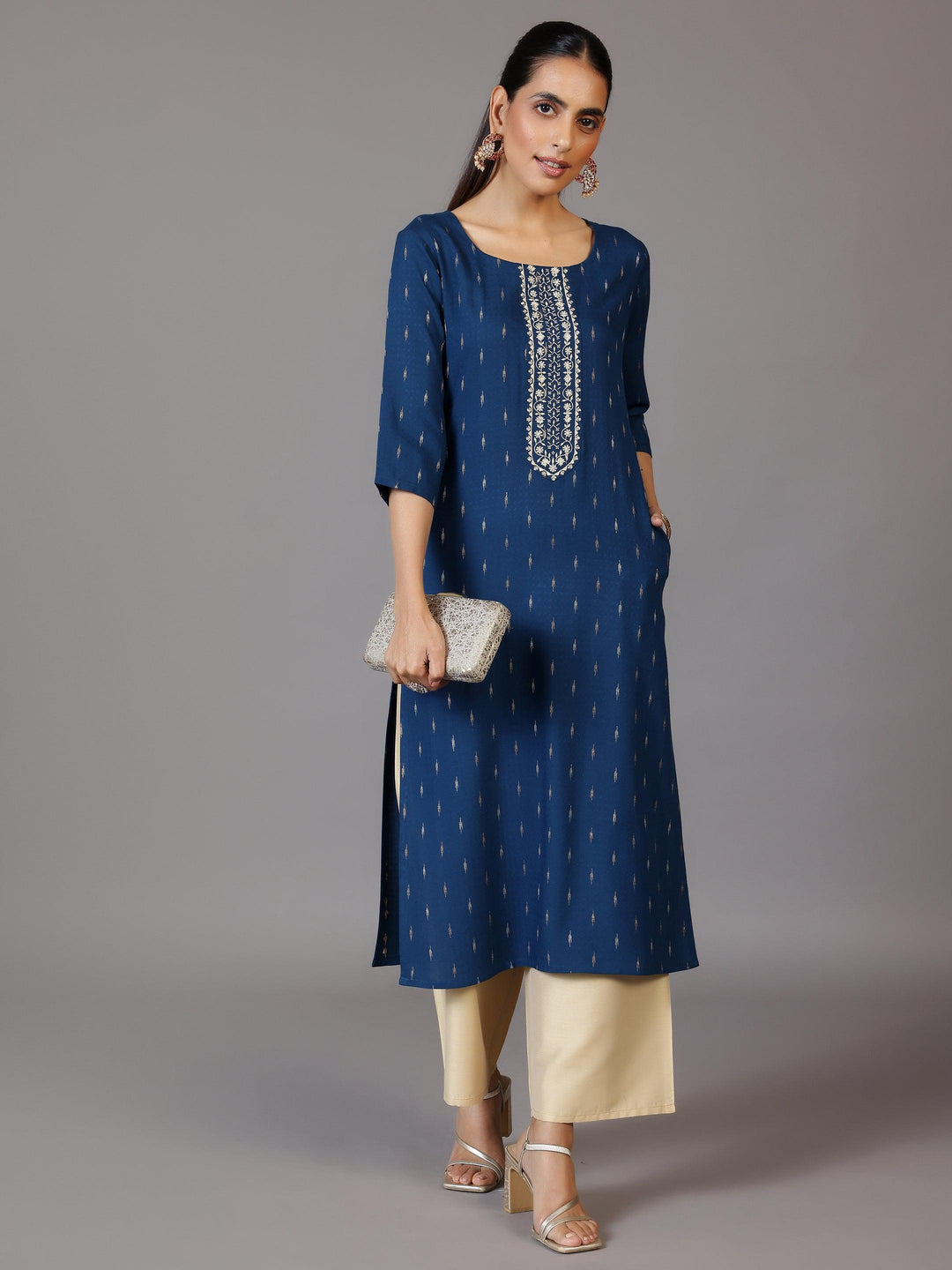 Blue Woven Design Cotton Straight Kurta - Libas 