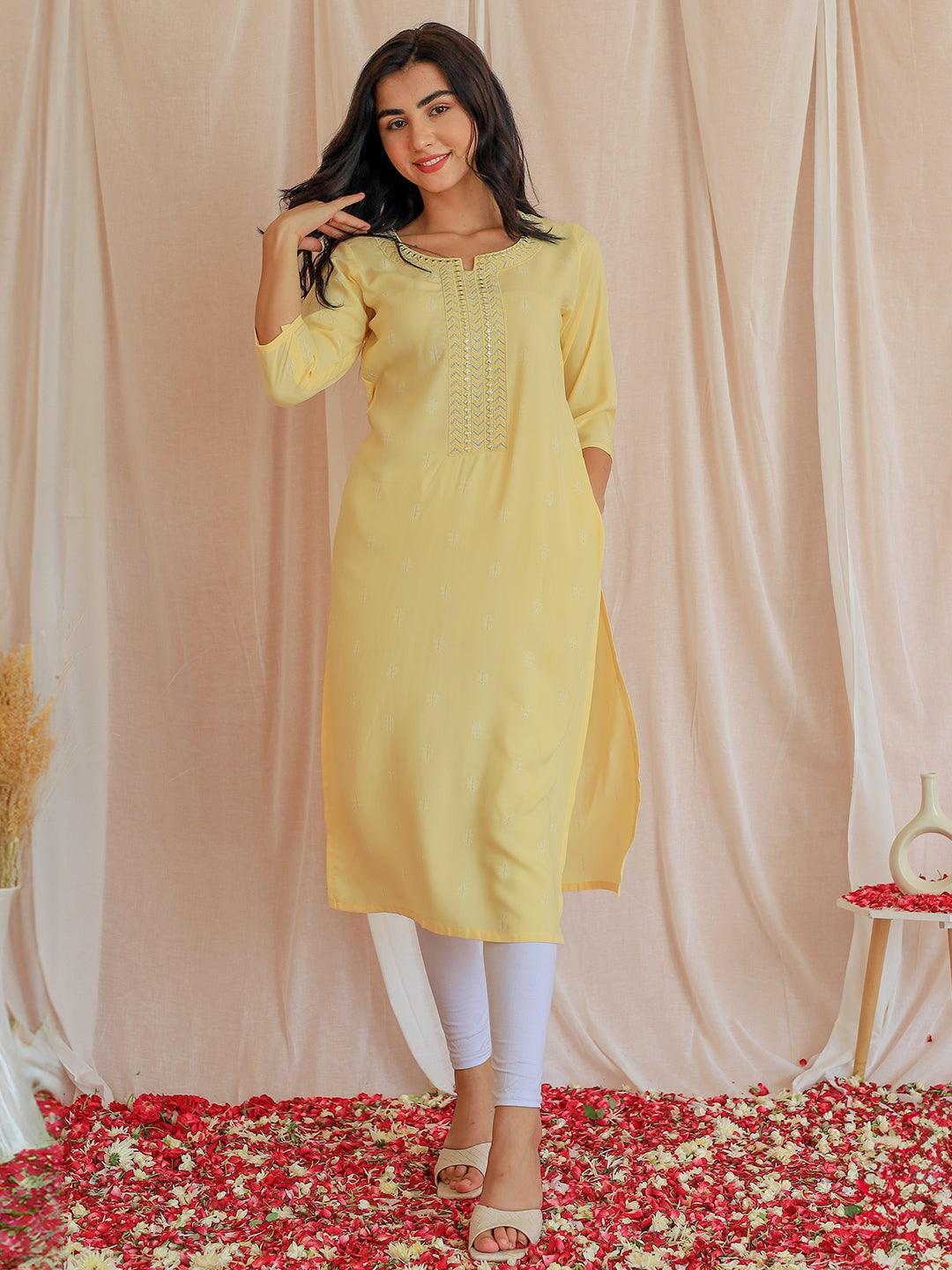 Lemon Cotton Straight Kurta - Libas 