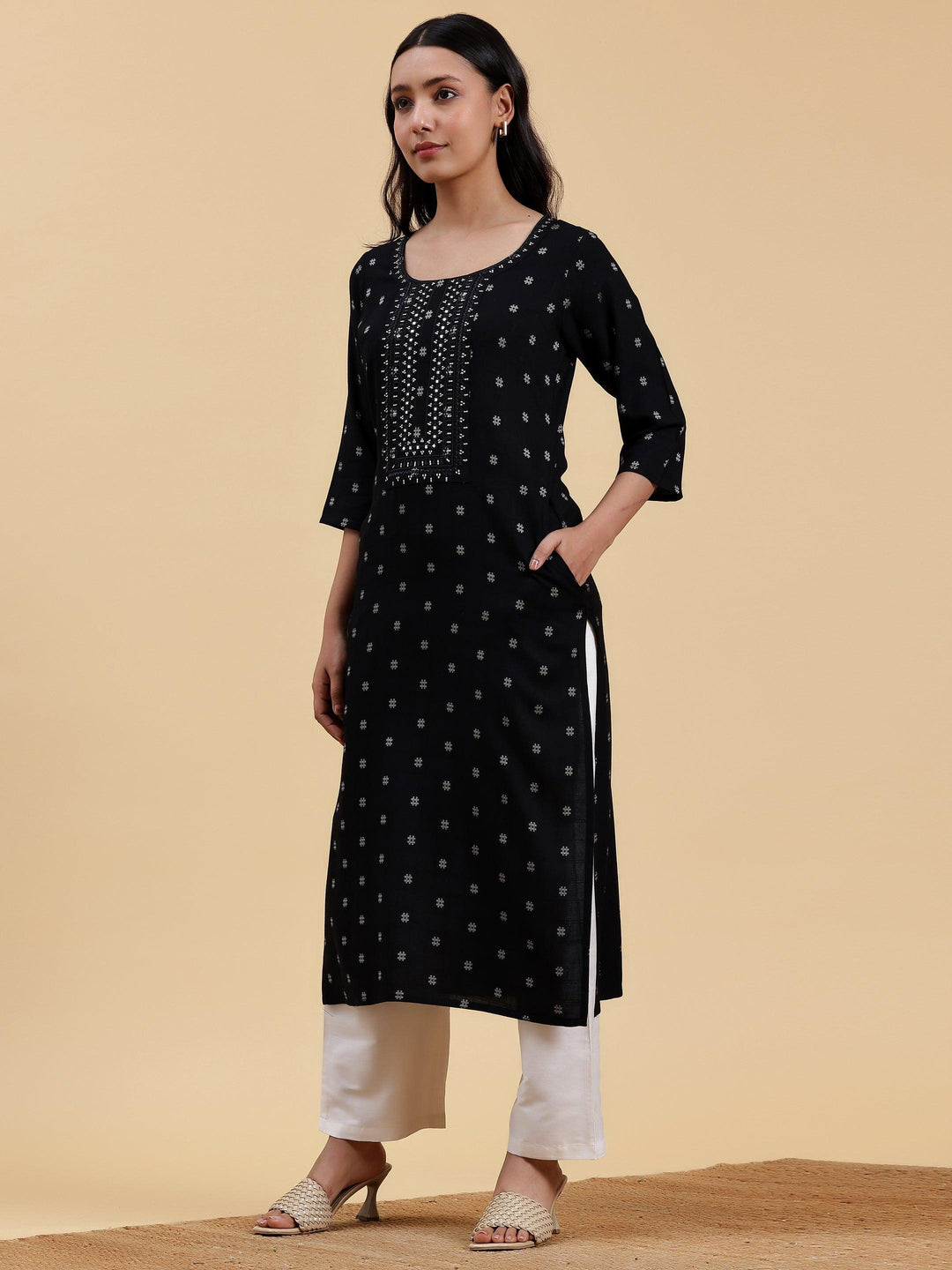 Black Embroidered Cotton Straight Kurta - Libas