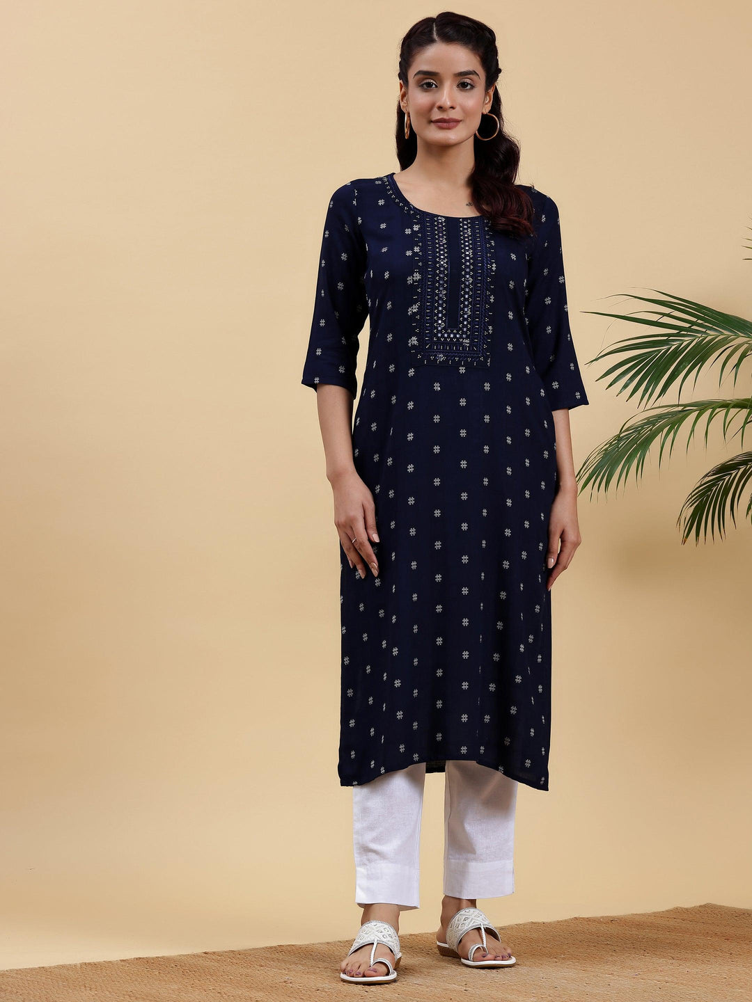 Blue Embroidered Cotton Straight Kurta - Libas