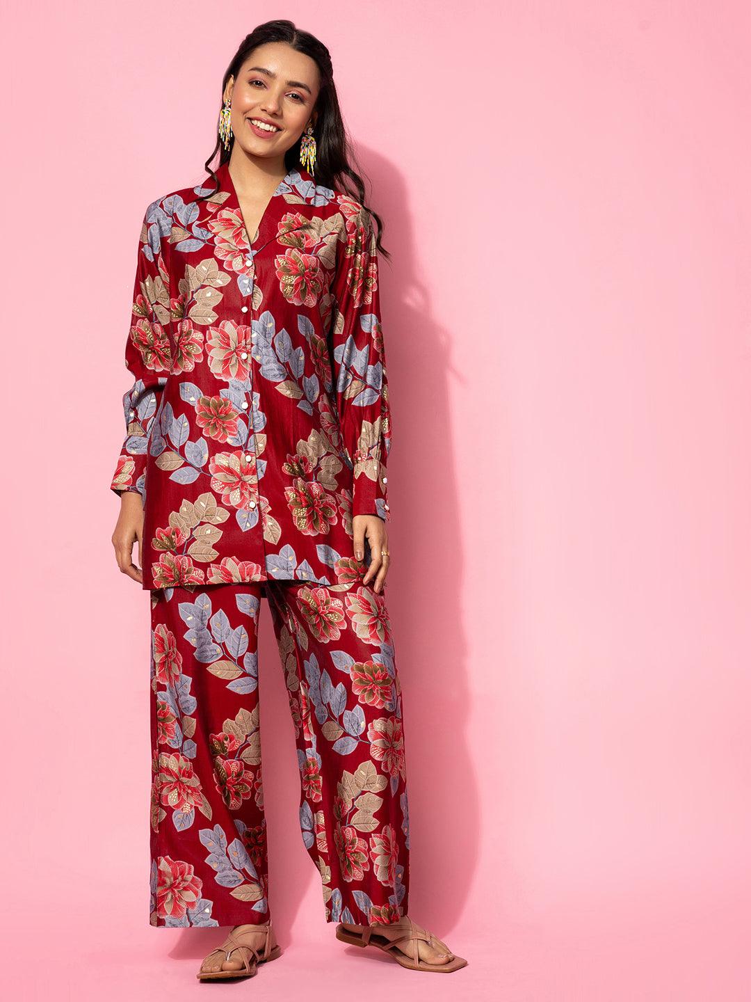 Maroon Printed Silk Blend Co-Ords - Libas