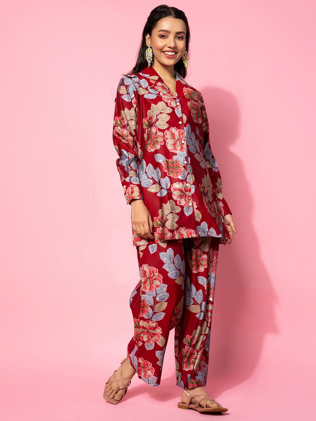 Maroon Printed Silk Blend Co-Ords - Libas