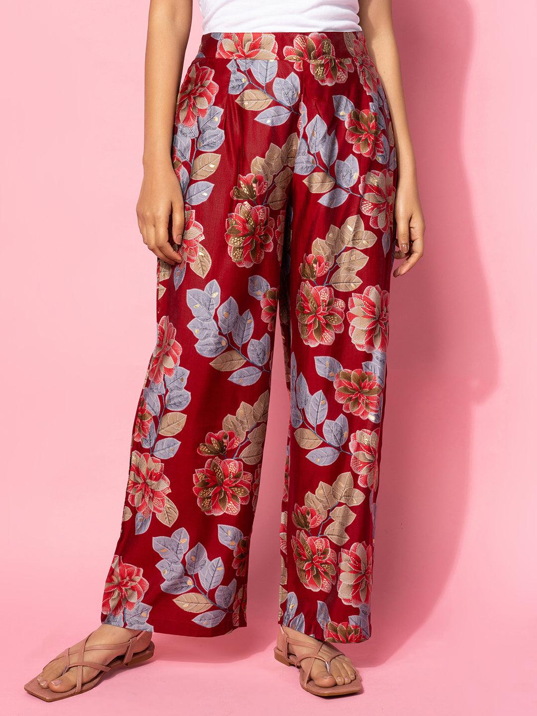 Maroon Printed Silk Blend Co-Ords - Libas