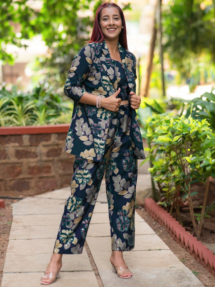 Navy Blue Printed Silk Blend Co-Ords - Libas