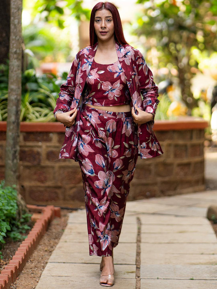 Maroon Printed Silk Blend Co-Ords - Libas