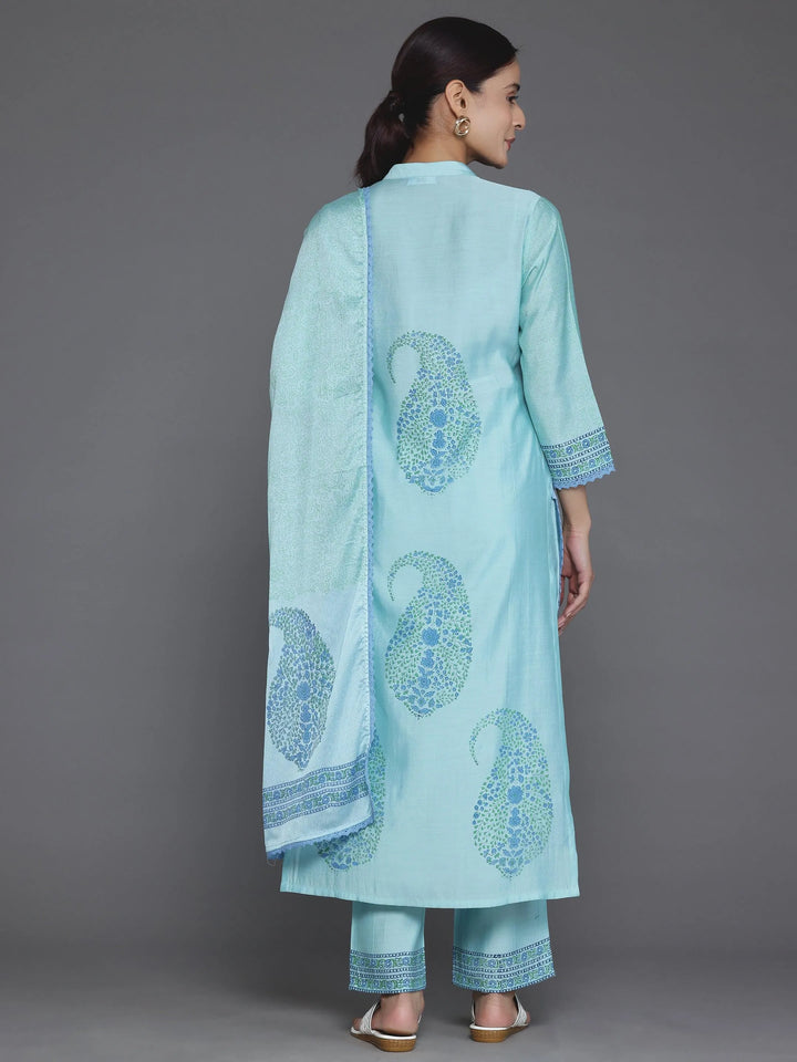 Blue Printed Silk Blend Straight Suit With Dupatta - Libas