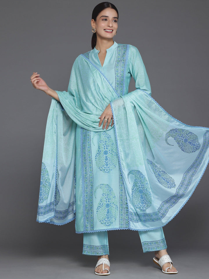 Blue Printed Silk Blend Straight Suit With Dupatta - Libas