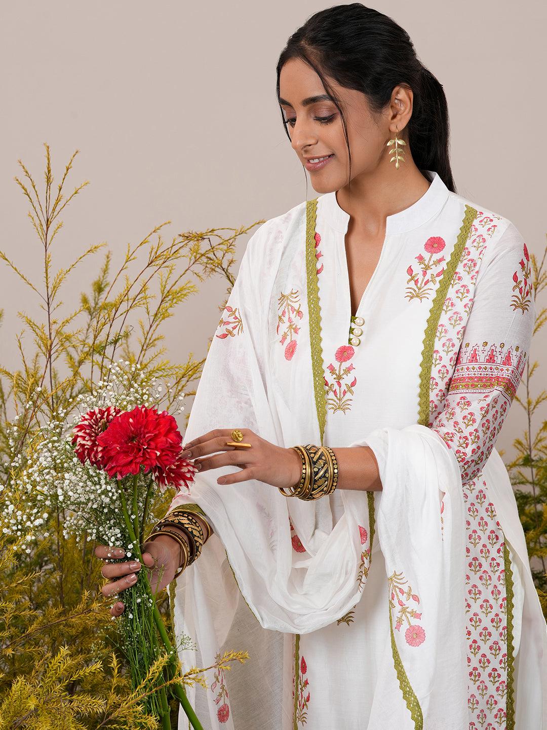 White Printed Chanderi Silk Straight Suit With Dupatta - Libas