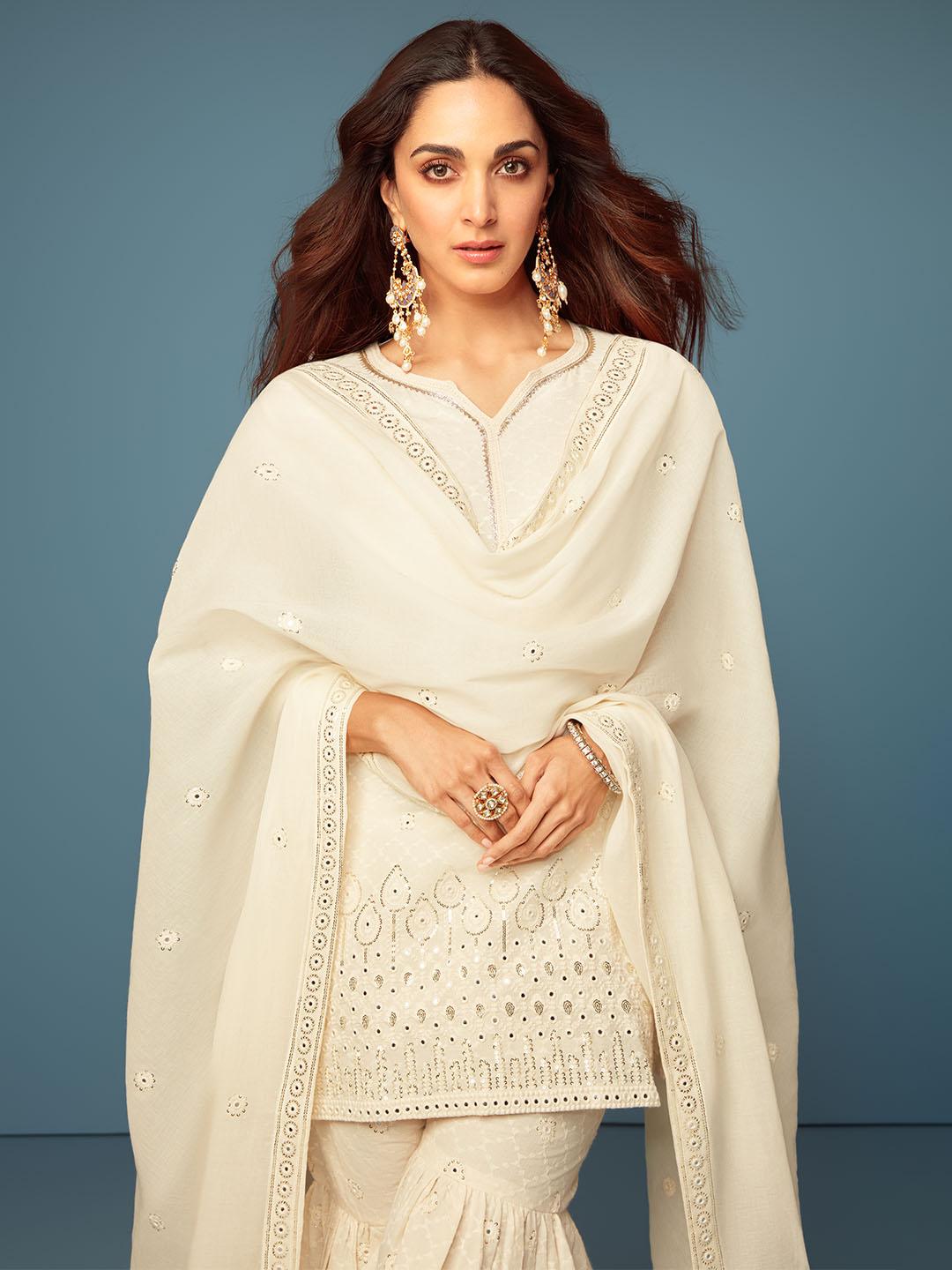 Off White Embroidered Cotton Straight Suit With Dupatta - Libas 