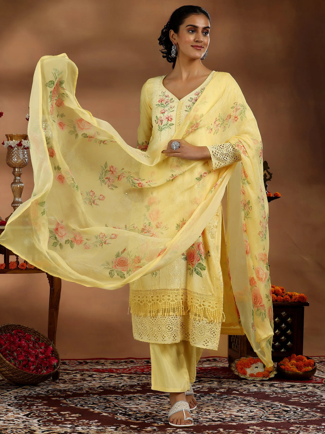 Yellow Printed Silk Blend Straight Suit With Dupatta