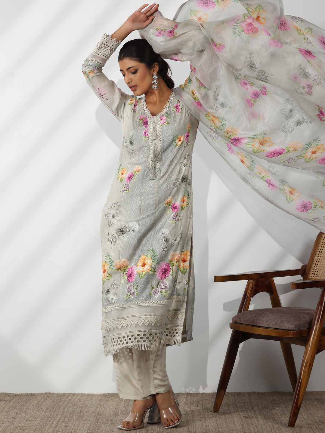  Grey Printed Silk Blend Straight Suit With Dupatta 