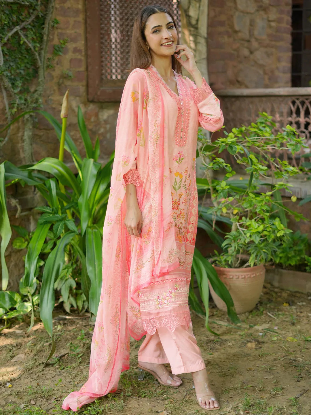  Pink Printed Silk Blend Straight Suit With Dupatta 