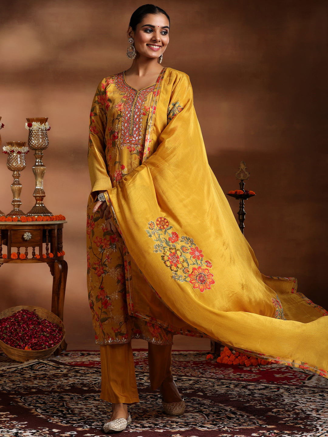 Mustard Printed Silk Chiffon Straight Suit With Dupatta