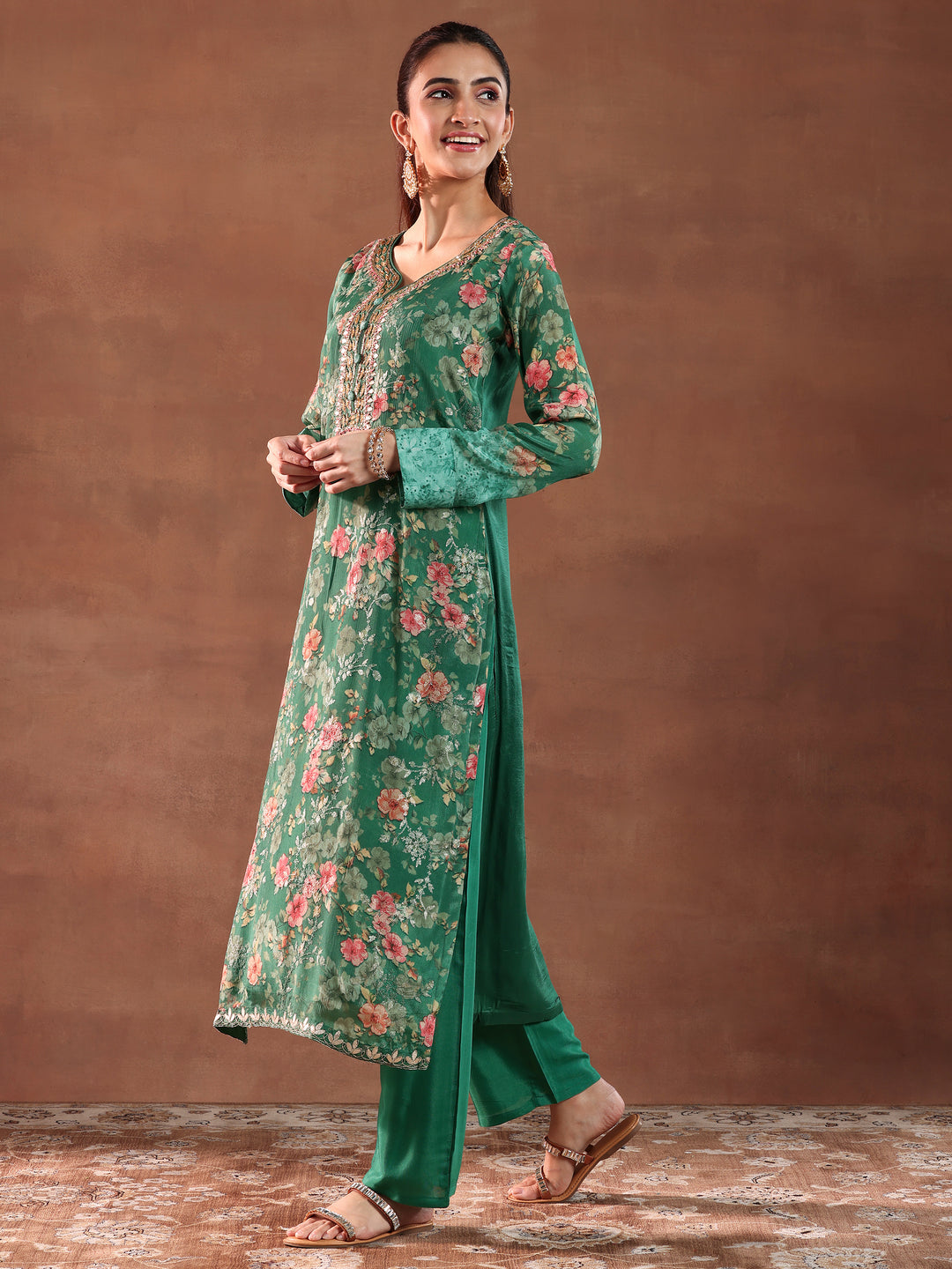  Green Printed Silk Chiffon Straight Suit With Dupatta 