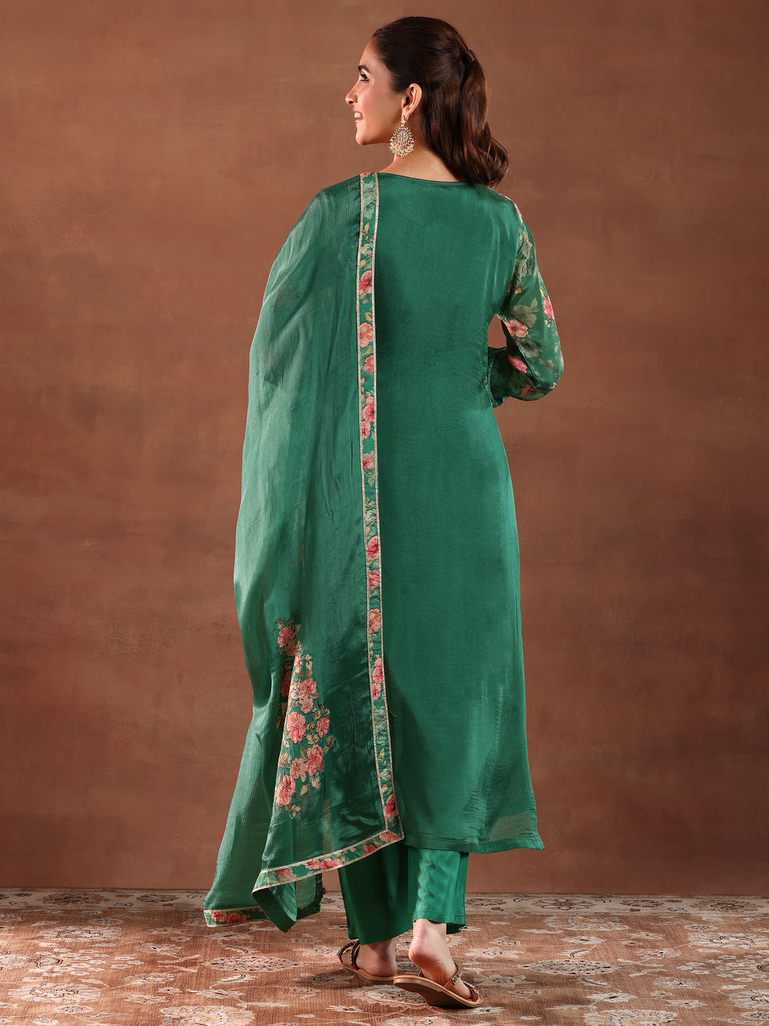  Green Printed Silk Chiffon Straight Suit With Dupatta 