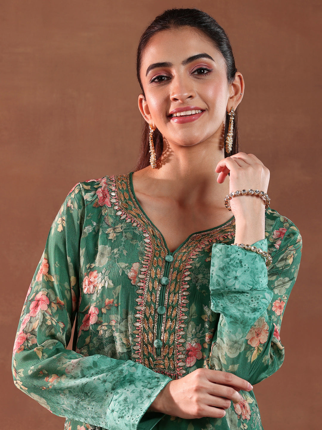  Green Printed Silk Chiffon Straight Suit With Dupatta 