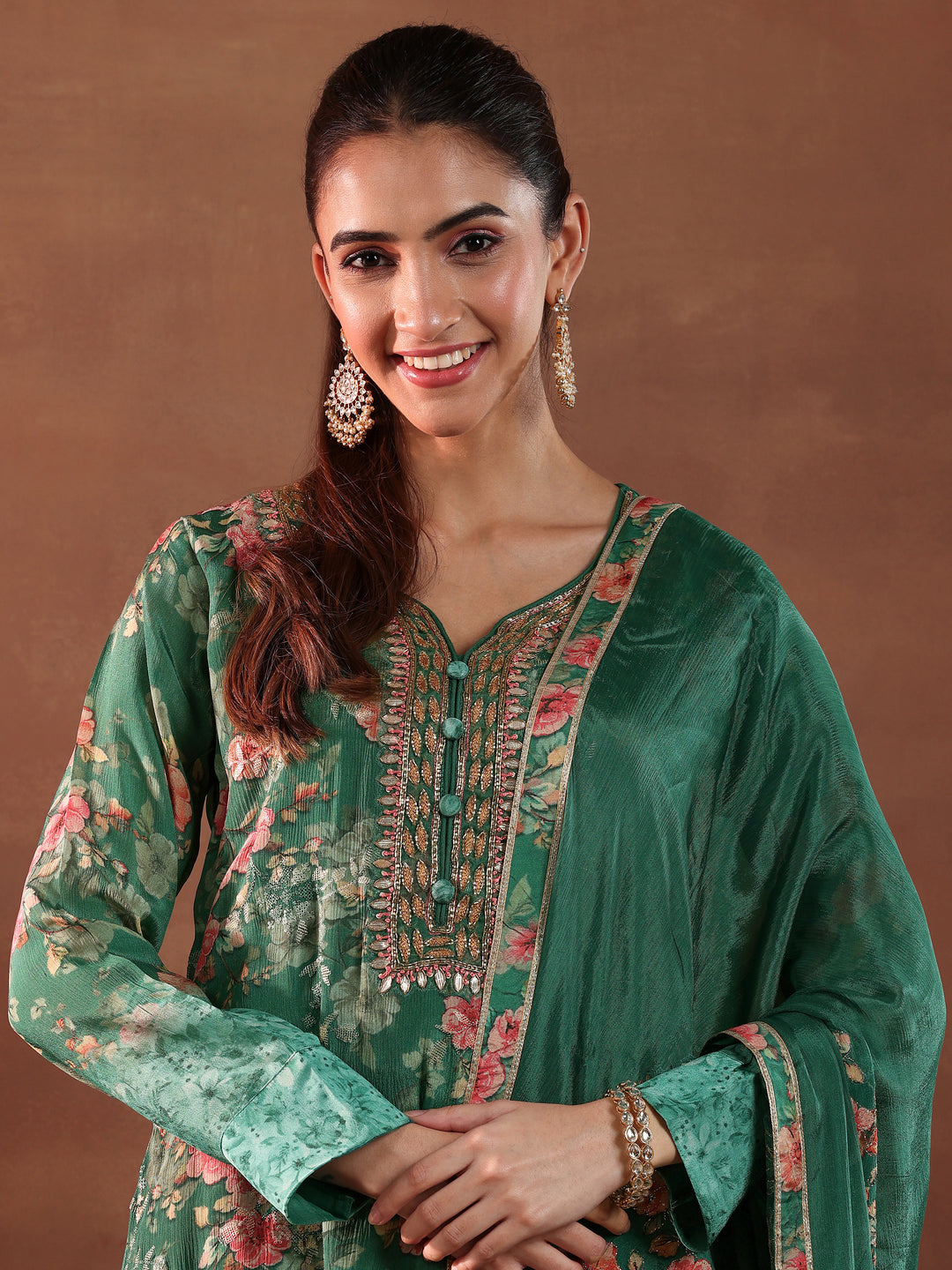  Green Printed Silk Chiffon Straight Suit With Dupatta 