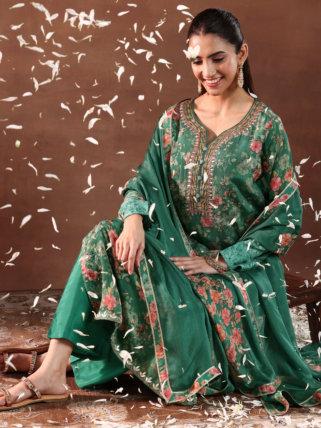  Green Printed Silk Chiffon Straight Suit With Dupatta 