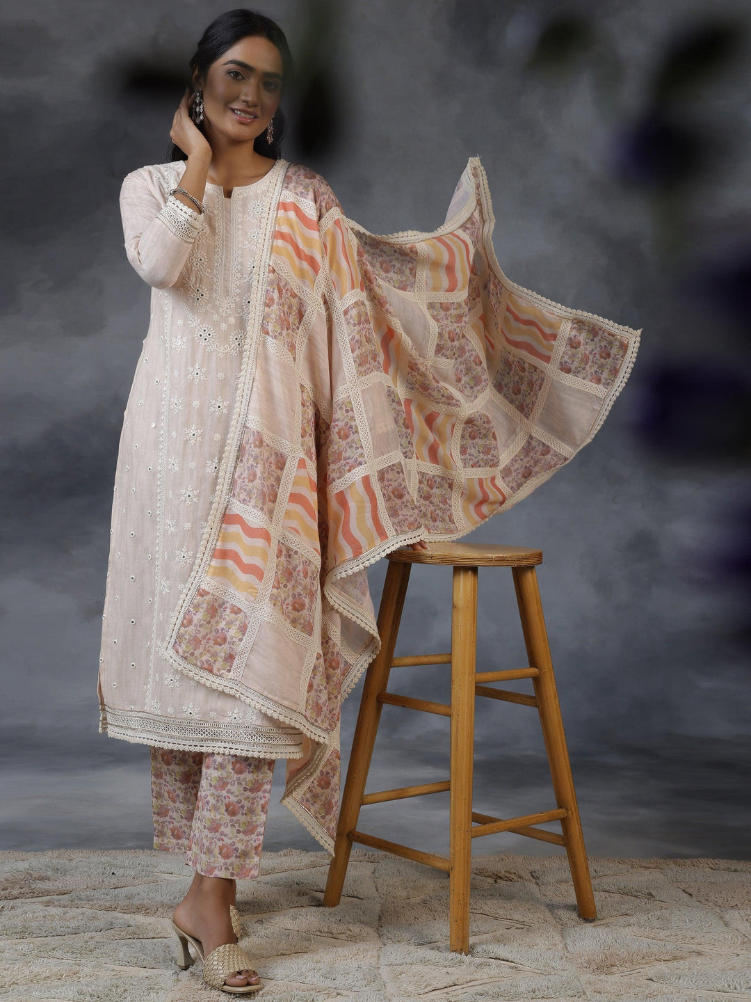 Peach Printed Cotton Straight Suit With Dupatta - Libas 