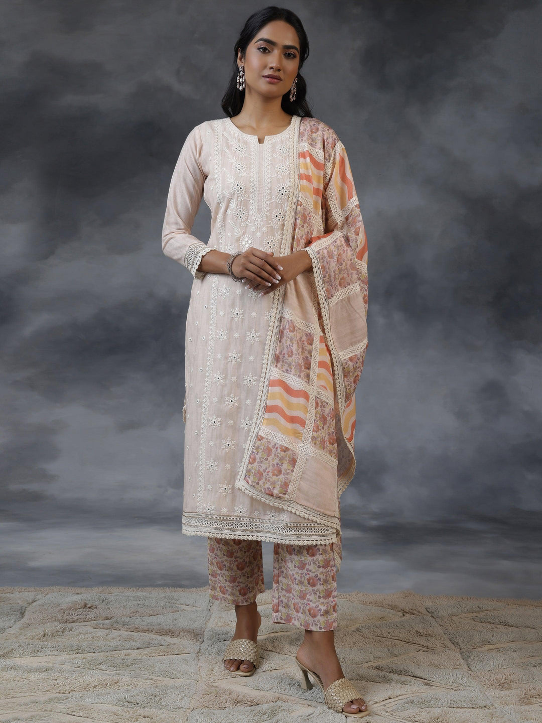 Peach Printed Cotton Straight Suit With Dupatta - Libas 