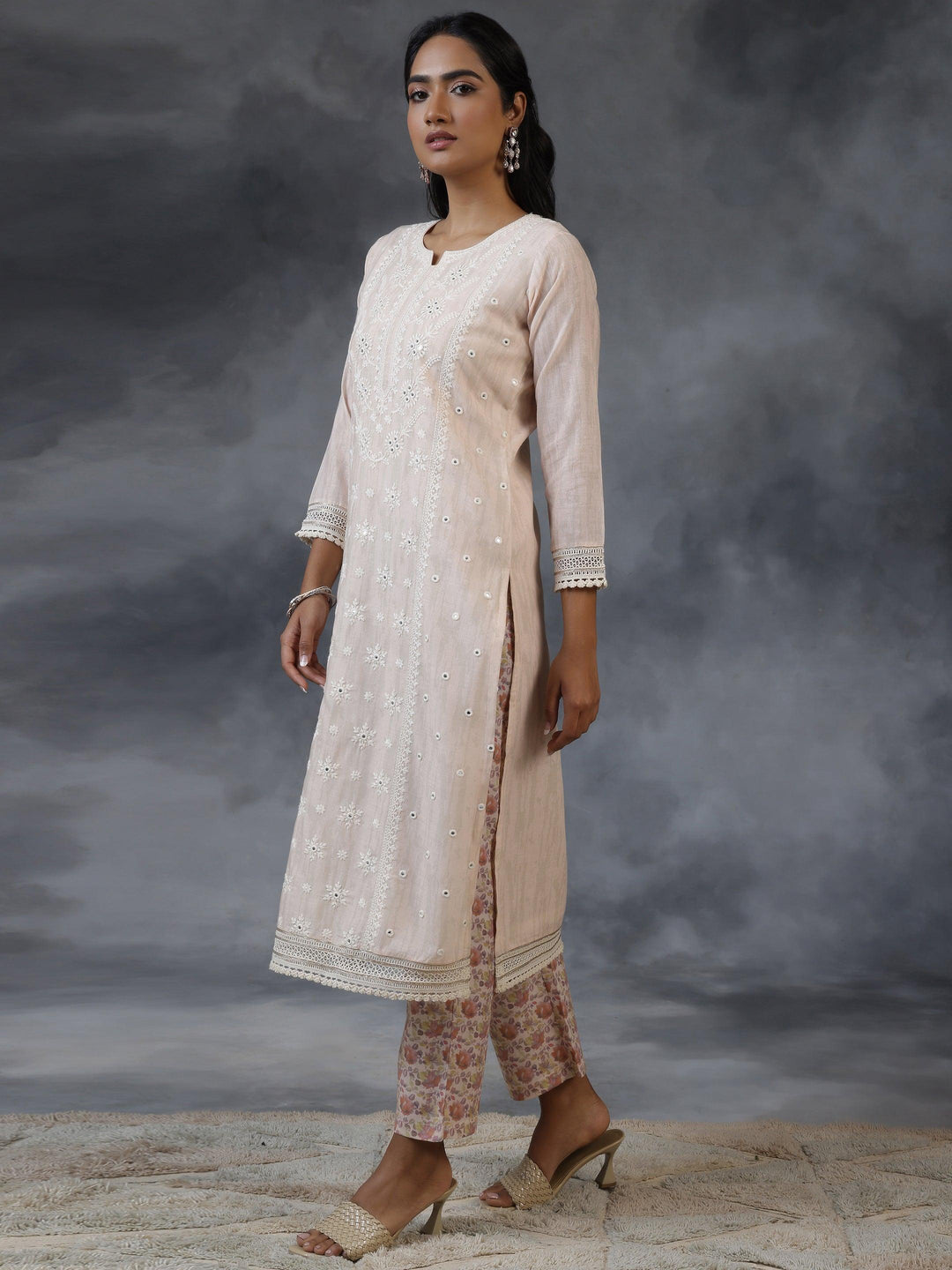 Peach Printed Cotton Straight Suit With Dupatta - Libas