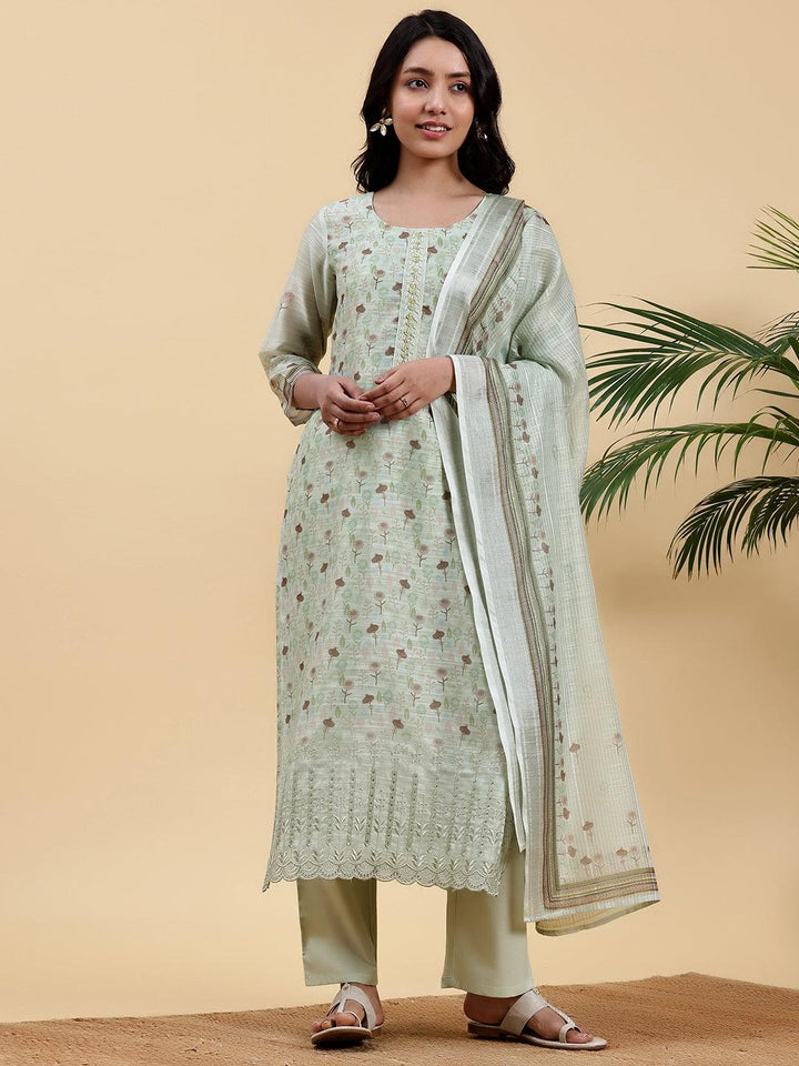 Green Printed Chanderi Silk Pakistani Suit - Libas